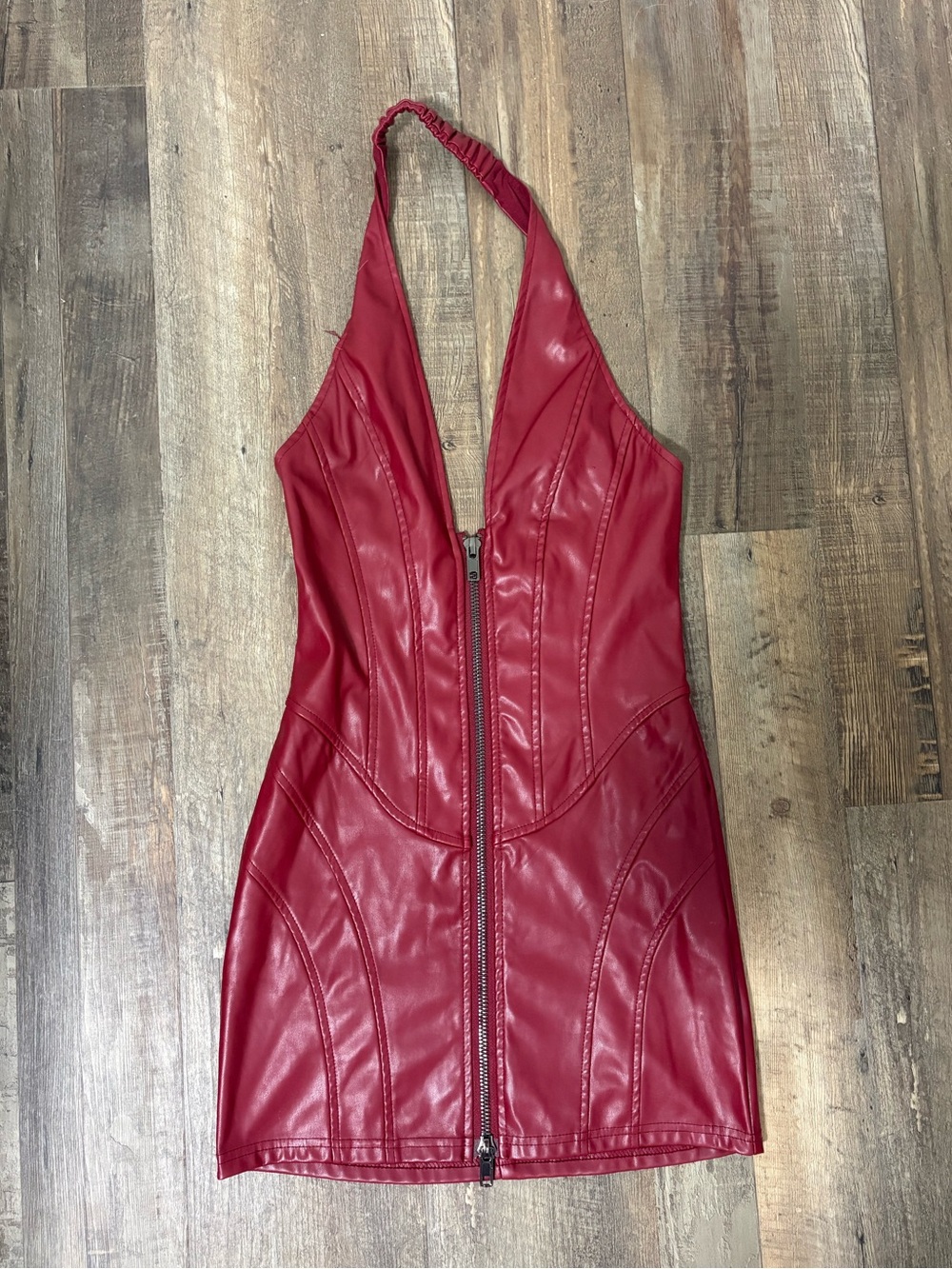 Red Faux Leather Halter Zip-Front Mini Dress